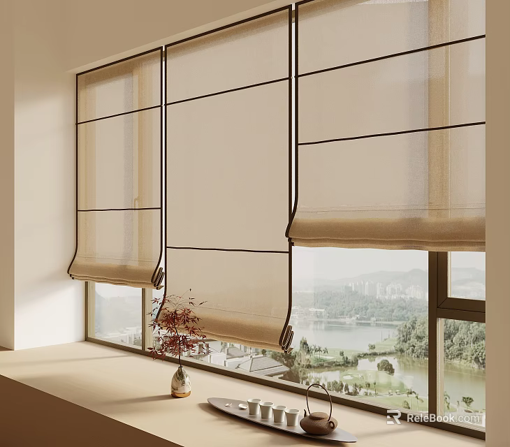 Modern Beige Roller Shades For Large Windows With Lake View And Greenery Interior 3d model