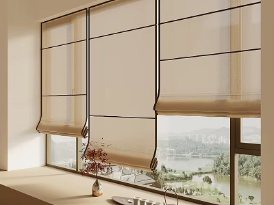 Modern Beige Roller Shades For Large Windows With Lake View And Greenery Interior 3d model