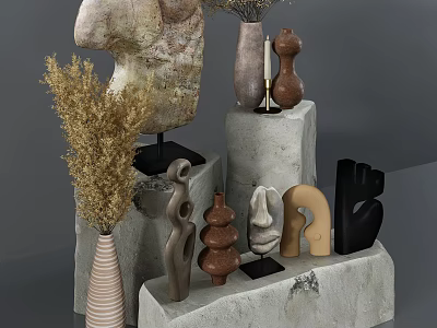 Modern Minimalist Ornament Decor Set with Sculptures Vases Dried Plants Geometric Shapes on Stone Pedestals 3d model