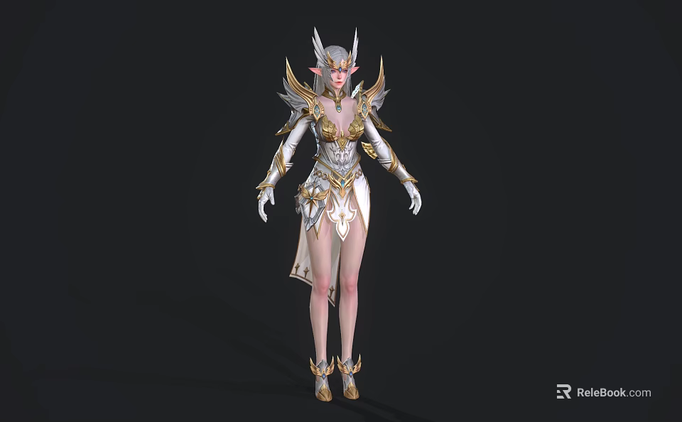 Game Fantasy Female Elf Character In Ornate White Gold Armor With Wings And Horns 3d model 