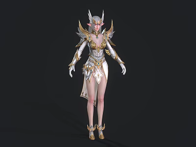 Game Fantasy Female Elf Character In Ornate White Gold Armor With Wings And Horns 3d model