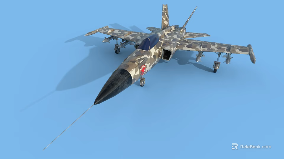 Camouflage Painted Fighter Jet With Sharp Nose Landing Gear On Blue Background 3d model 