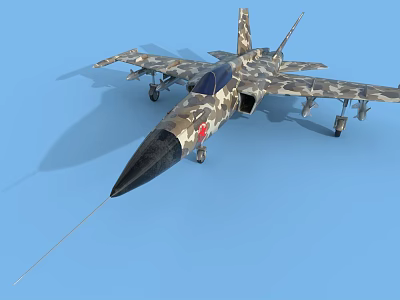 Camouflage Painted Fighter Jet With Sharp Nose Landing Gear On Blue Background 3d model