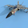 Camouflage Painted Fighter Jet With Sharp Nose Landing Gear On Blue Background