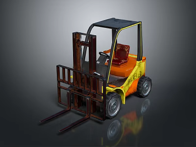 Yellow and Orange Forklift with Cab and Front Forks on Dark Background 3d model