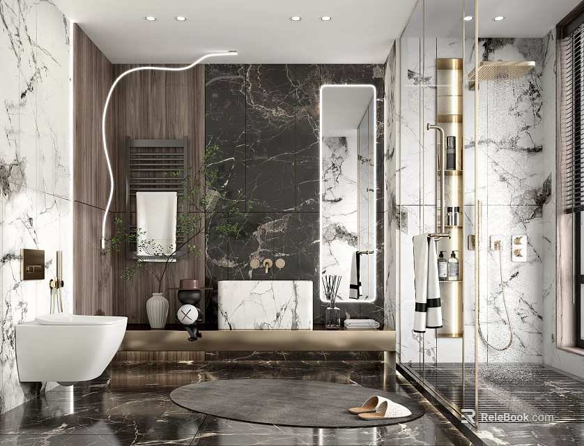 Elegant Modern Bathroom Interior Design With Marble Walls Glass Shower And Wooden Accents 3d model 