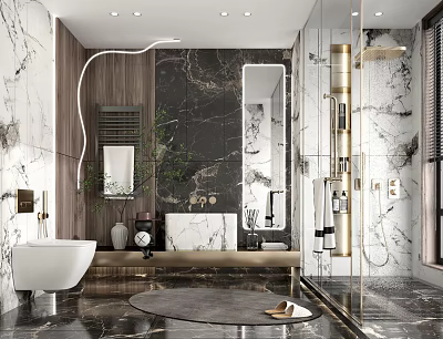 Elegant Modern Bathroom Interior Design With Marble Walls Glass Shower And Wooden Accents 3d model