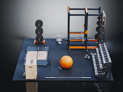 Essential Home Gym Fitness Equipment Including Power Rack Dumbbell Set Barbell Medicine Ball And Kettlebells 3d model