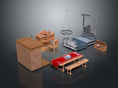 Wooden Furniture Pieces Including Table Chair Bench Metal Bed Frame And Storage Box 3d model