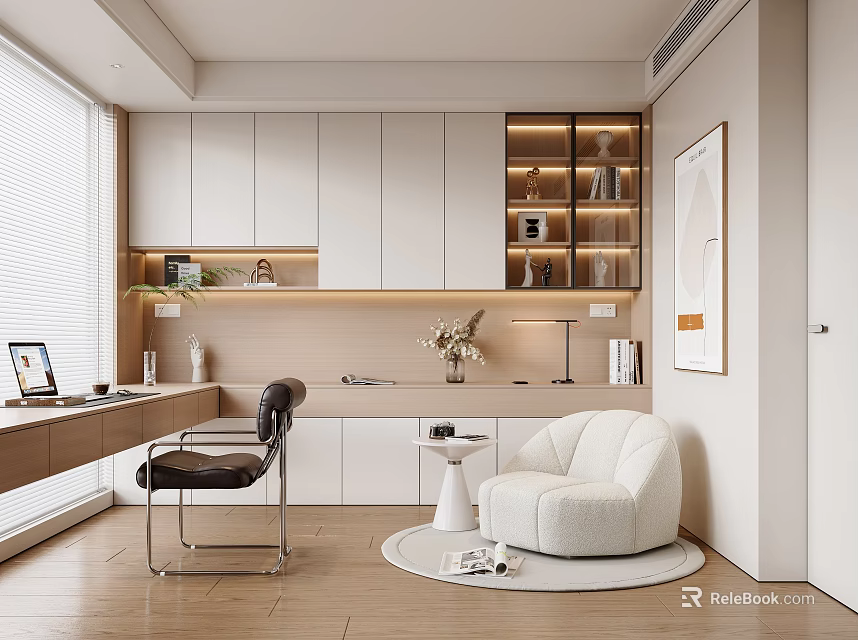 Modern Study Room Interior With Laptop Desk Bookshelf And White Armchair 3d model 