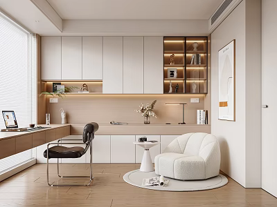 Modern Study Room Interior With Laptop Desk Bookshelf And White Armchair 3d model