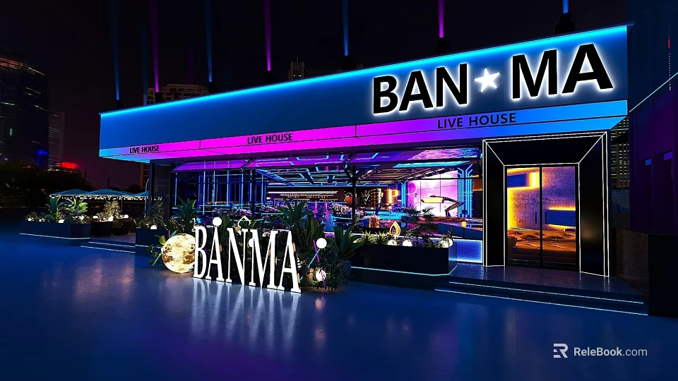 BANMA Live House Storefront Design With Neon Lights And Modern Entrance Lighting At Night 3d model 