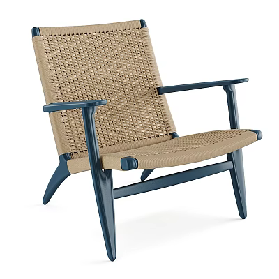 Modern Woven Leisure Chair With Light Brown Seat Navy Blue Armrests And Wooden Frame 3d model