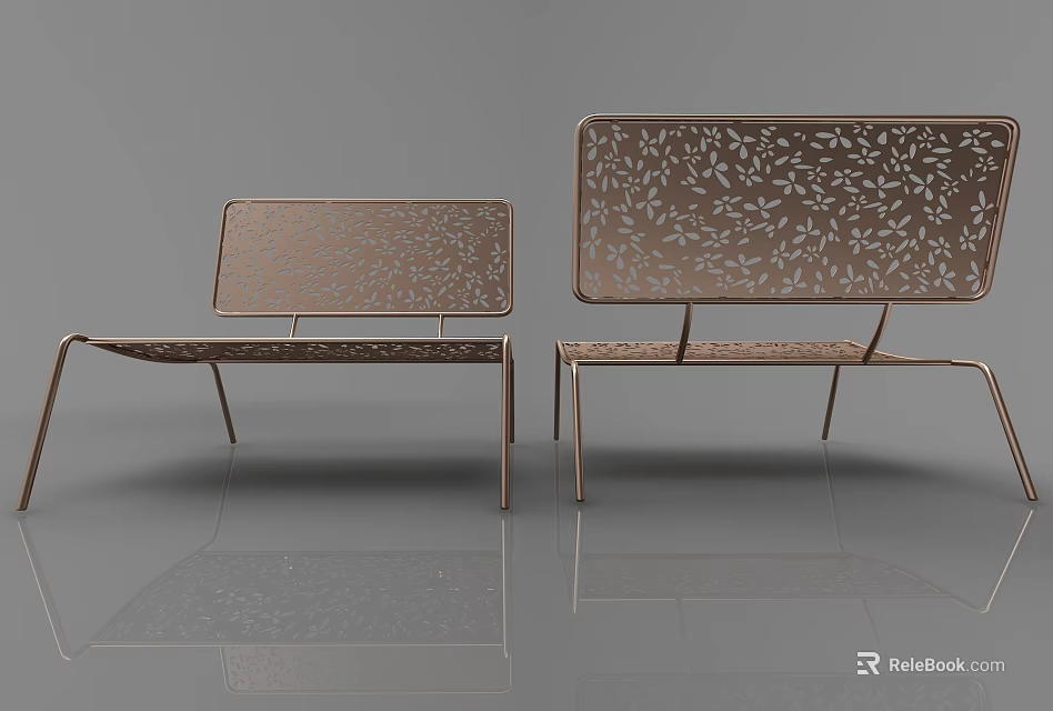 Two Modern Leisure Chairs With Metal Frame And Perforated Leaf Pattern Backrest 3d model 