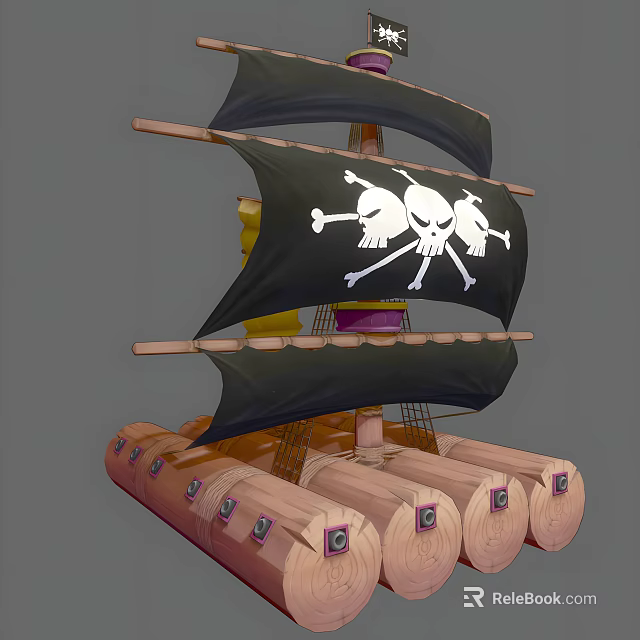 Classic Wooden Pirate Ship With Black Sails Skull Crossbones Flag And Log Raft Base 3d model 