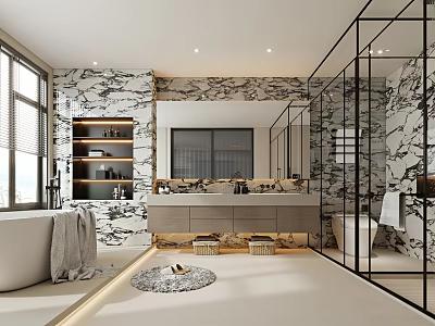 Modern Bathroom Interior With Natural Light Marble Walls Bathtub Vanity And Glass Partition 3d model