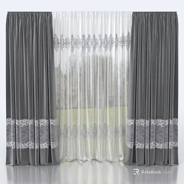 Gray Curtains With White Sheer Panels Decorative Lace Patterns And Home Interior View 3d model