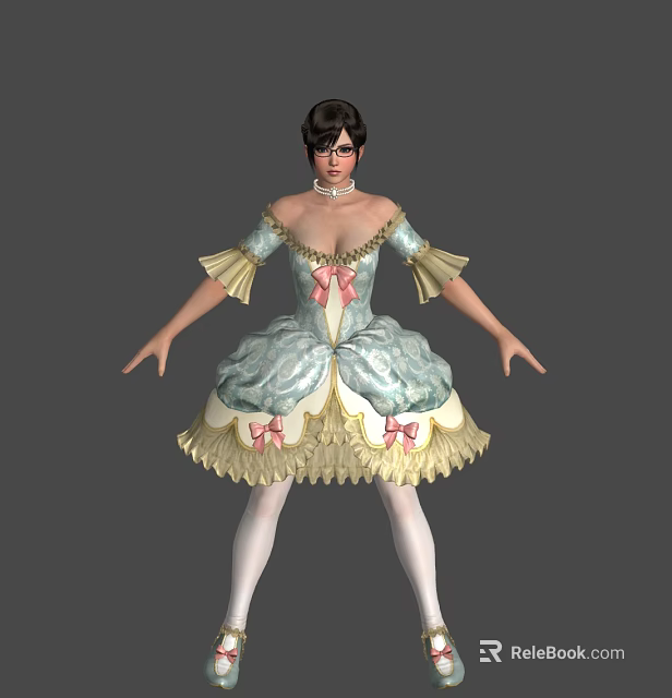 Woman Wearing Turquoise Dress With Ruffles Pink Bows Puffed Sleeves And White Stockings 3d model 