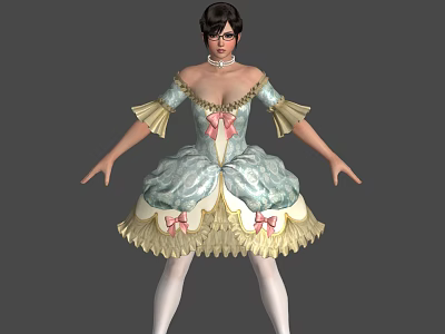 Woman Wearing Turquoise Dress With Ruffles Pink Bows Puffed Sleeves And White Stockings 3d model