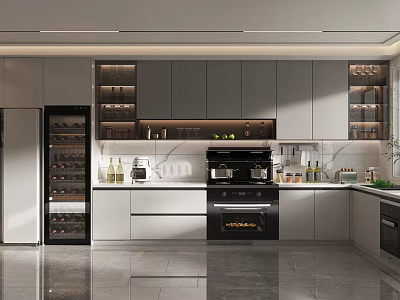 Modern Kitchen Interior Design With Gray Cabinets Glass Door Wine Cooler And Appliances 3d model