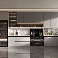 Modern Kitchen Interior Design With Gray Cabinets Glass Door Wine Cooler And Appliances