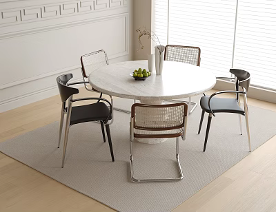 White Round Dining Table With Mixed Design Chairs And Fruit Vase On Indoor Carpet 3d model