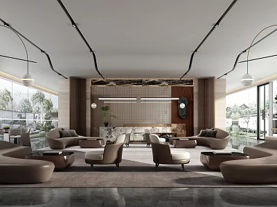Modern Sales Office Interior With Comfortable Sofas Floor-to-Ceiling Windows And Pendant Lights 3d model