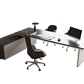 Modern Office Desk And Ergonomic Chair Set With Glass Top And Laptop