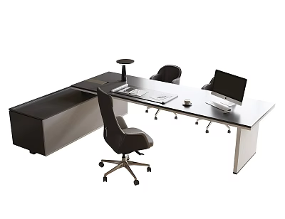 Modern Office Desk And Ergonomic Chair Set With Glass Top And Laptop 3d model