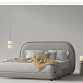 Modern Kids Bed with Curved Headboard Soft Pillows Cozy Blanket and Side Table Pendant Lights