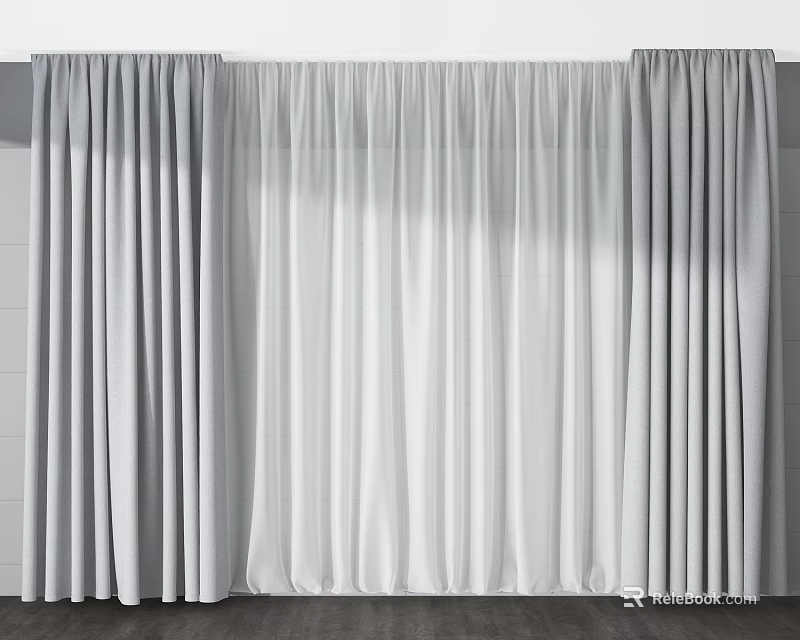 Gray and White Window Curtains with Sheer Layer and Elegant Drape 3d model 