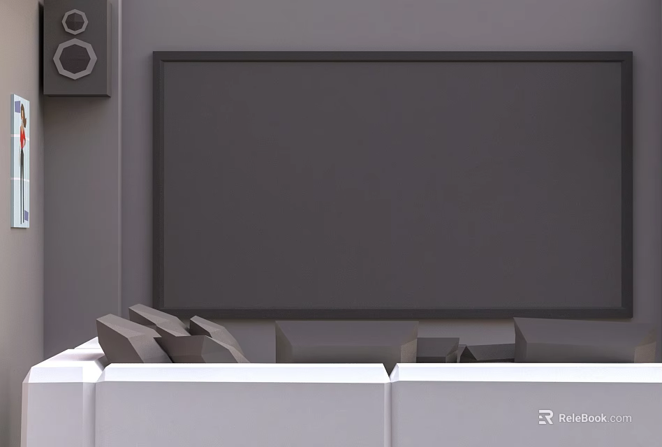 Modern TV Stand with Large Screen TV on Gray Wall and Speakers Near White Sofa 3d model 