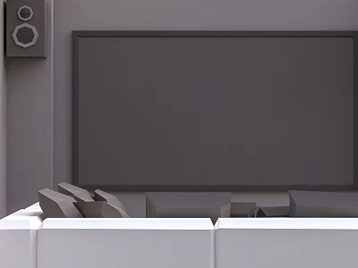 Modern TV Stand with Large Screen TV on Gray Wall and Speakers Near White Sofa 3d model