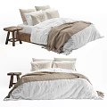 Simple Style Double Bed With White Sheets Brown Blanket And Small Wooden Stool