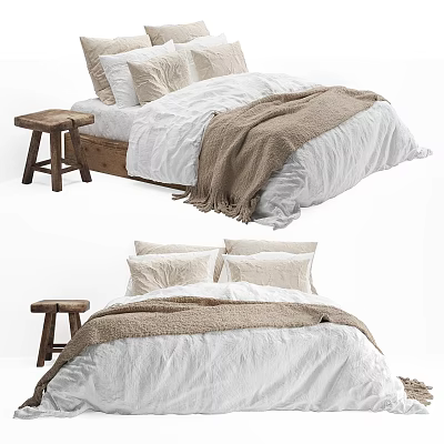 Simple Style Double Bed With White Sheets Brown Blanket And Small Wooden Stool 3d model