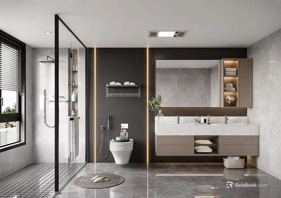 Modern Bathroom Interior Design With Glass Shower Double Vanity And Gray Tiles 3d model 