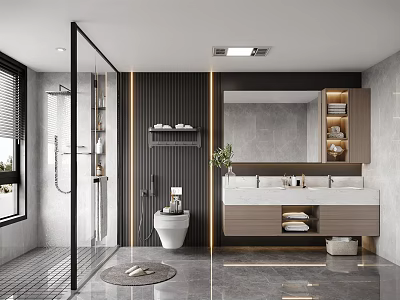 Modern Bathroom Interior Design With Glass Shower Double Vanity And Gray Tiles 3d model