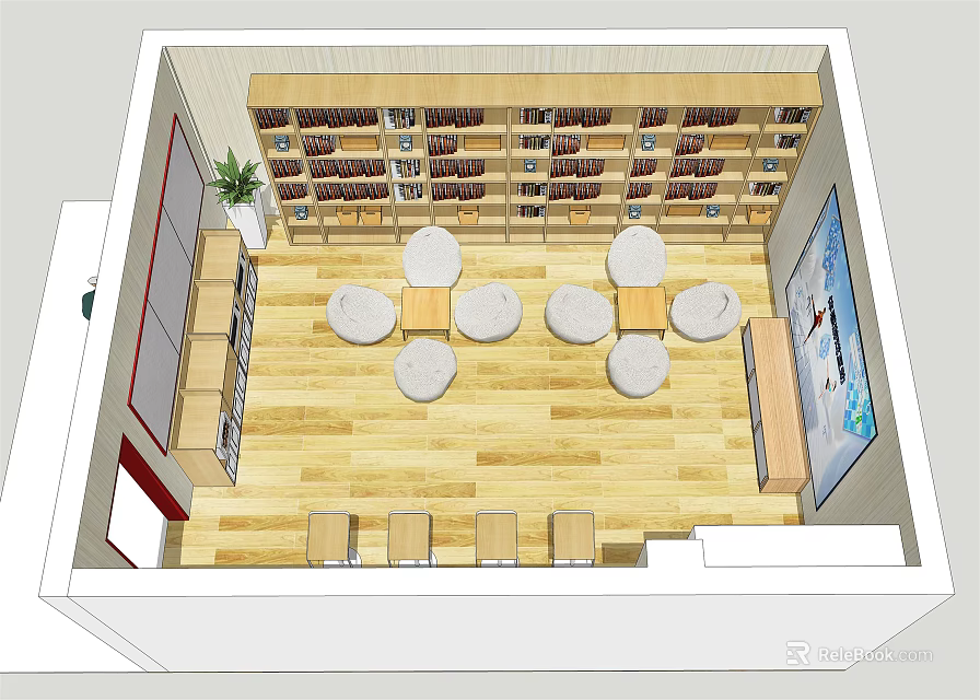 Modern Tea Room Interior With Wooden Floor Round Tables Stools Bookshelves And Potted Plant 3d model 