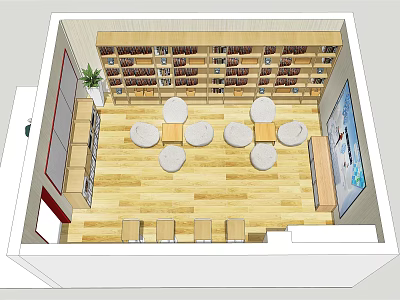 Modern Tea Room Interior With Wooden Floor Round Tables Stools Bookshelves And Potted Plant 3d model