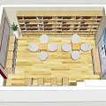 Modern Tea Room Interior With Wooden Floor Round Tables Stools Bookshelves And Potted Plant