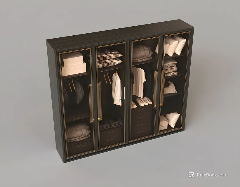 Dark Modern Wardrobe With Glass Doors Hanging Folded Clothes And Drawers 3d model 