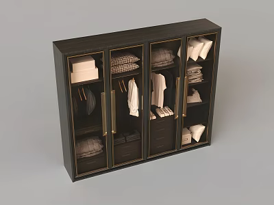 Dark Modern Wardrobe With Glass Doors Hanging Folded Clothes And Drawers 3d model