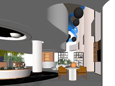 Sales Office Modern Interior With Curved Ceiling White Columns Blue Spherical Decor And Green Plants 3d model