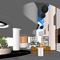 Sales Office Modern Interior With Curved Ceiling White Columns Blue Spherical Decor And Green Plants
