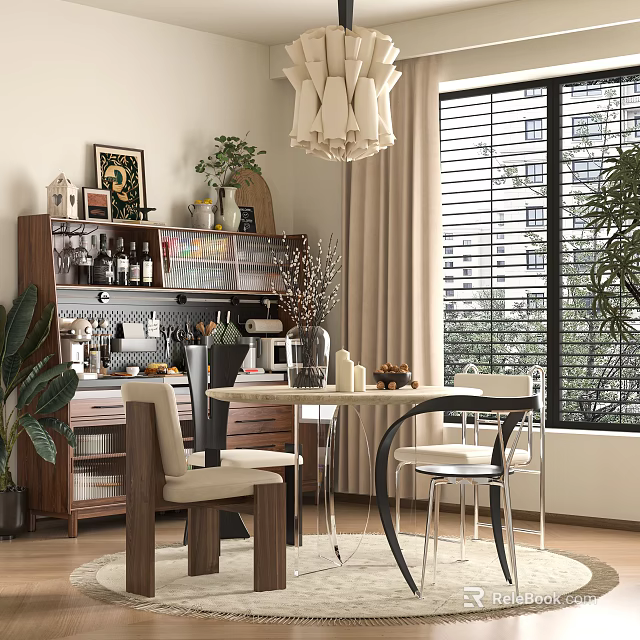 Modern Restaurant Interior Featuring Wooden Furniture Chandelier Table Chairs And Window Blinds 3d model 