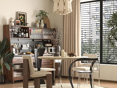 Modern Restaurant Interior Featuring Wooden Furniture Chandelier Table Chairs And Window Blinds 3d model