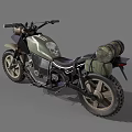 Green And Black Off Road Motorcycle With Large Tires Handlebar Light And Rear Bag