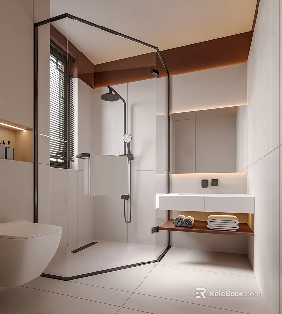 Modern Bathroom Interior Design With Glass Shower Enclosure Vanity Mirror And Ambient Lighting 3d model 