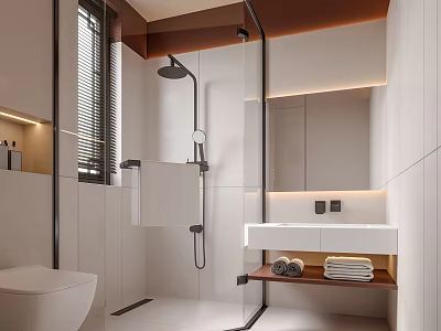 Modern Bathroom Interior Design With Glass Shower Enclosure Vanity Mirror And Ambient Lighting 3d model