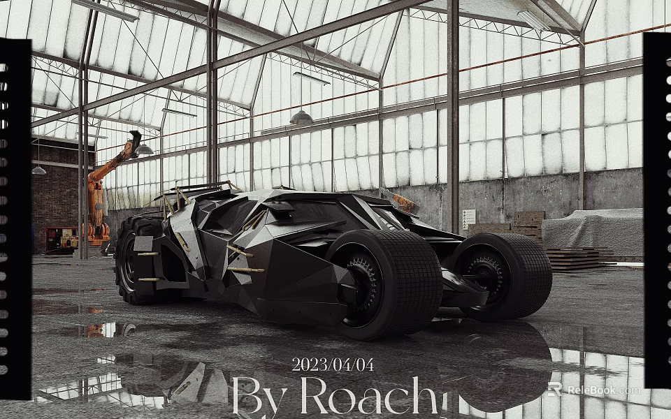 Black Futuristic Car With Sleek Design In Large Glass Industrial Workshop Space 3d model 